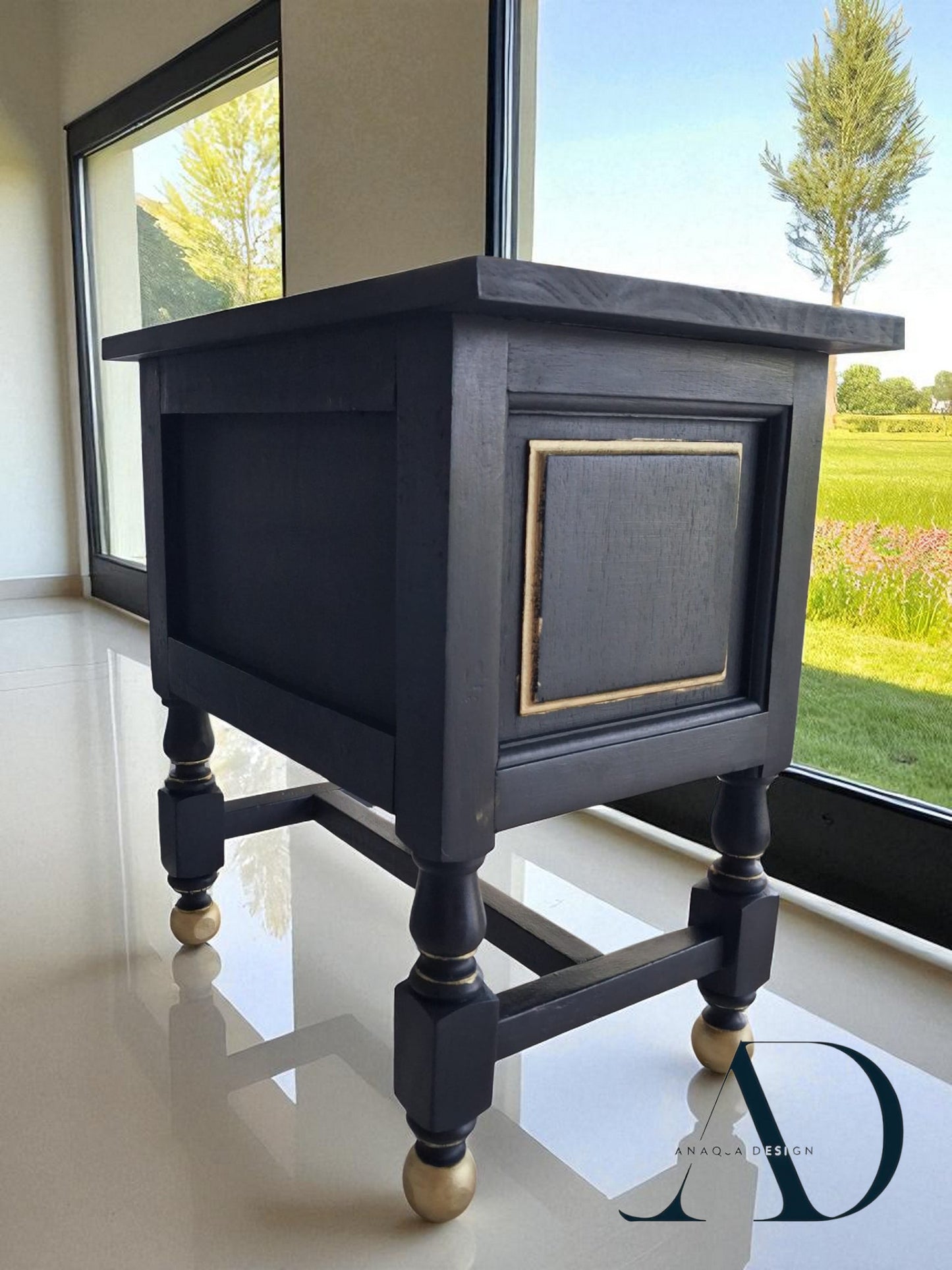 Hand-Restored Black Side Table – Vintage black Nightstand with Gold Accents – Eco-Friendly Painted Accent Table – Glass Knobs - MCM