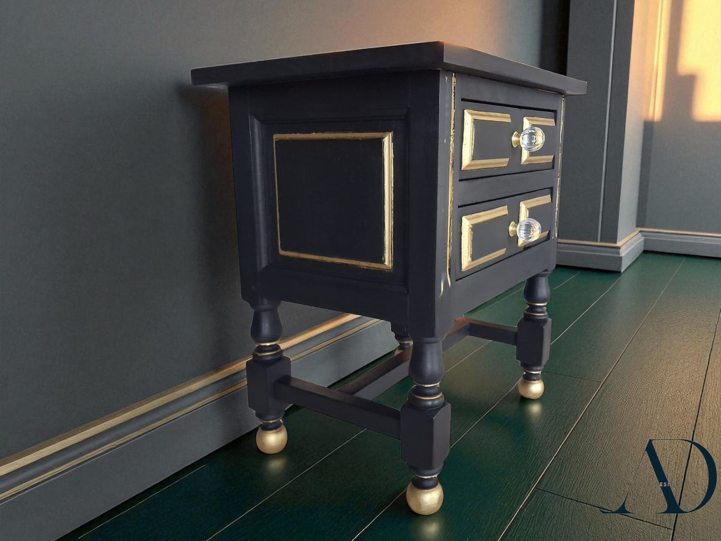 Hand-Restored Black Side Table – Vintage black Nightstand with Gold Accents – Eco-Friendly Painted Accent Table – Glass Knobs - MCM