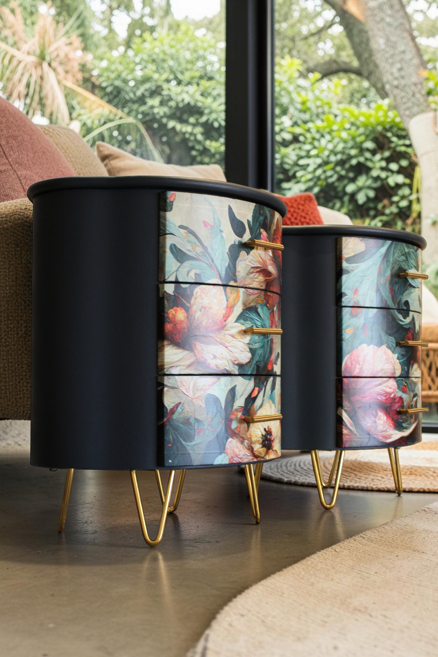 Mesitas de noche redonda restaurada con papel decoupage Wave of Florals – creación artesanal de Anaqa Design