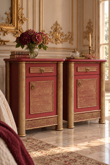 Pareja de mesitas de noche vintage burdeos y doradas con columnas decorativas, en un dormitorio de inspiración rococó francesa.


