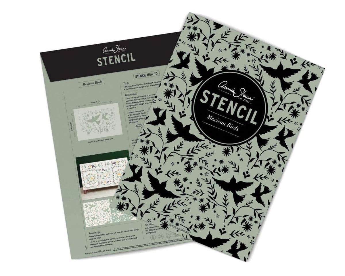 Envase del stencil A4 Mexican Birds Annie Sloan, vista frontal y trasera del empaque
