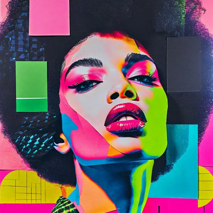 Diseño Pop Frequency de Mint by Michelle — primer plano de retrato femenino pop art con colores neón, sombras en rosa y verde, afro y fondo geométrico negro y fucsia