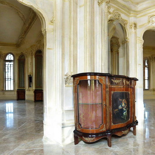 French Louis XV Style Sideboard with Central Oil Painting, Bronze Marquetry, Curved Shapes & Upholstered Interior | Aparador Vitrina Vintage