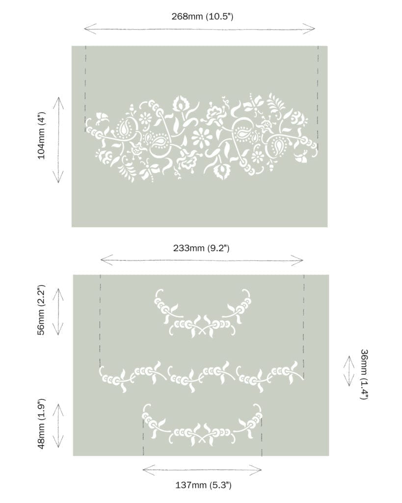 Dimensiones del stencil A4 Paisley Floral Garland Annie Sloan