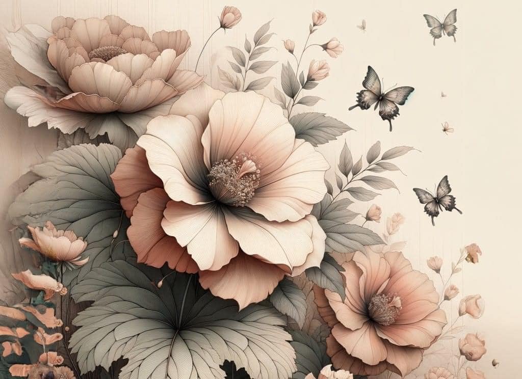 Papel decoupage Peach Petals A1/A3 Mint by Michelle - detalle del diseño floral 