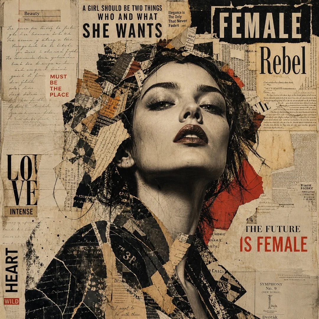 Diseño Rebel Heart de Mint by Michelle — retrato femenino en blanco y negro sobre collage de recortes de periódico con tipografías feministas: Female Rebel, The Future is Female, Love Intense y She Wants