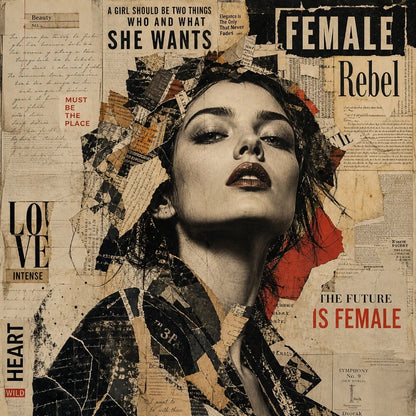 Diseño Rebel Heart de Mint by Michelle — retrato femenino en blanco y negro sobre collage de recortes de periódico con tipografías feministas: Female Rebel, The Future is Female, Love Intense y She Wants