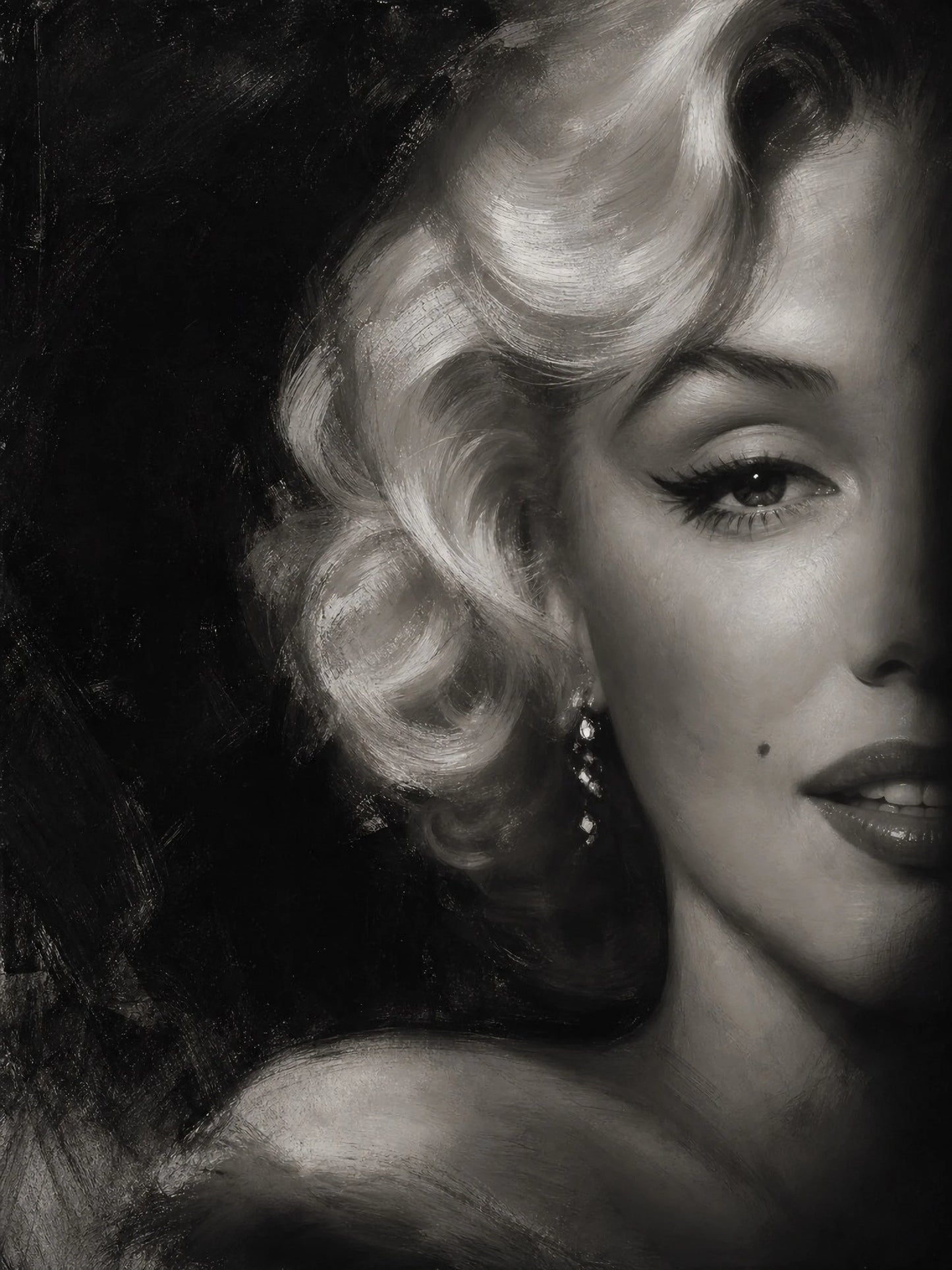 Diseño The Last Close Up de Mint by Michelle — retrato femenino glamuroso en blanco y negro estilo Hollywood, con ondas platino, pendiente de diamante y lunar, sobre fondo oscuro aterciopelado