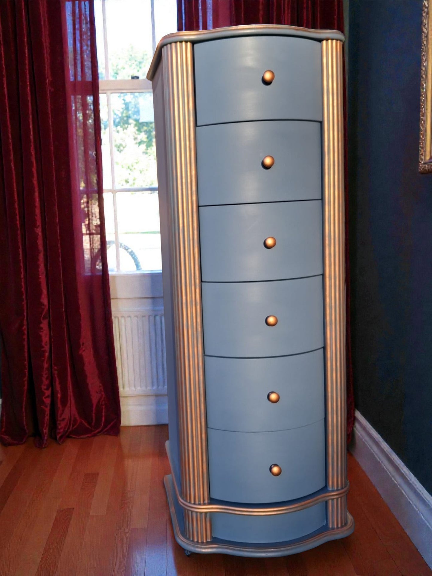 Mediterranean Blue Chest of Drawers, Hand-Restored Solid Wood Tower / Torre de cajones azul Mar Mediterráneo, renovada a mano