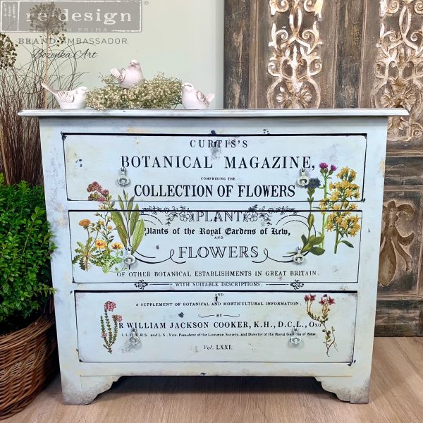 Transferencia decorativa Botanical Magazine en aparador gris con cajón efecto madera oscura - ilustraciones botánicas Plants Flowers Royal Gardens of Kew - Re-Design with Prima - ambassador Country Squire Designs
