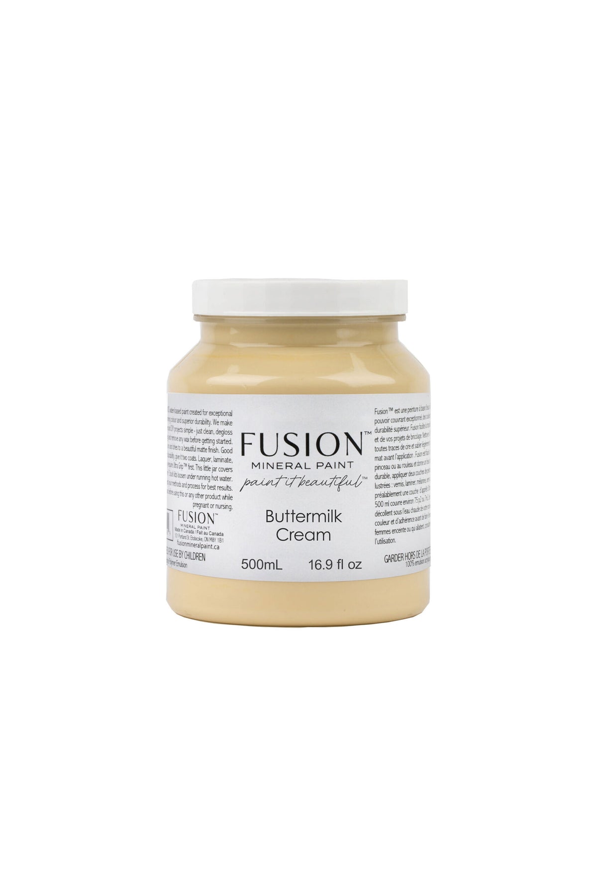 Bote de Fusion Mineral Paint Buttermilk Cream 500ml, pintura mineral amarillo crema mantequilla mate para restauración de muebles