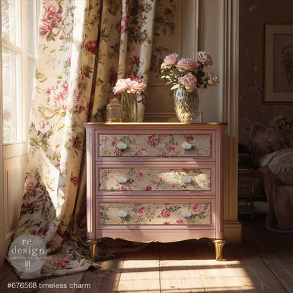 Papel decoupage Timeless Charm de Re-Design with Prima aplicado en cómoda rosa palo con patas doradas - rosas vintage y escritura envejecida en cajones con tiradores de porcelana - estilo romántico inglés restaurado
