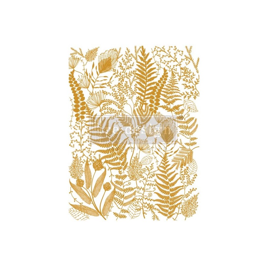 Diseño completo Foliage Finesse - Patrón botánico de helechos y follaje en lámina dorada - Re-Design with Prima Kacha
