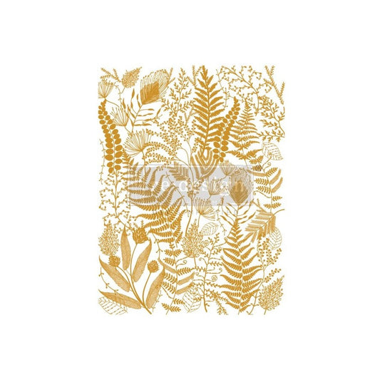 Diseño completo Foliage Finesse - Patrón botánico de helechos y follaje en lámina dorada - Re-Design with Prima Kacha
