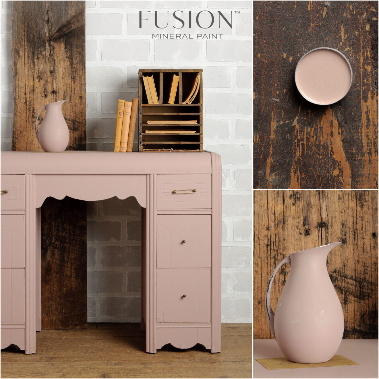 Collage muebles pintados Raw Silk beige rosado Fusion Paint