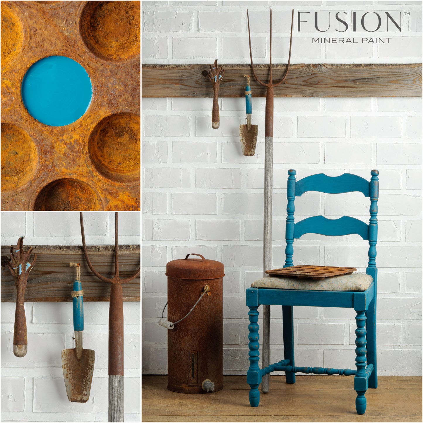 Collage muebles pintados con Fusion Mineral Paint Renfrew Blue azul turquesa
