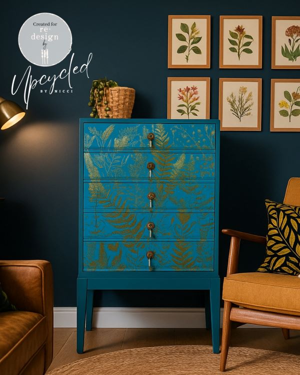 Detalle de transferencia decorativa Foliage Finesse Kacha sobre mueble azul teal - helechos y follaje dorado con tirador de bronce - Re-Design with Prima
