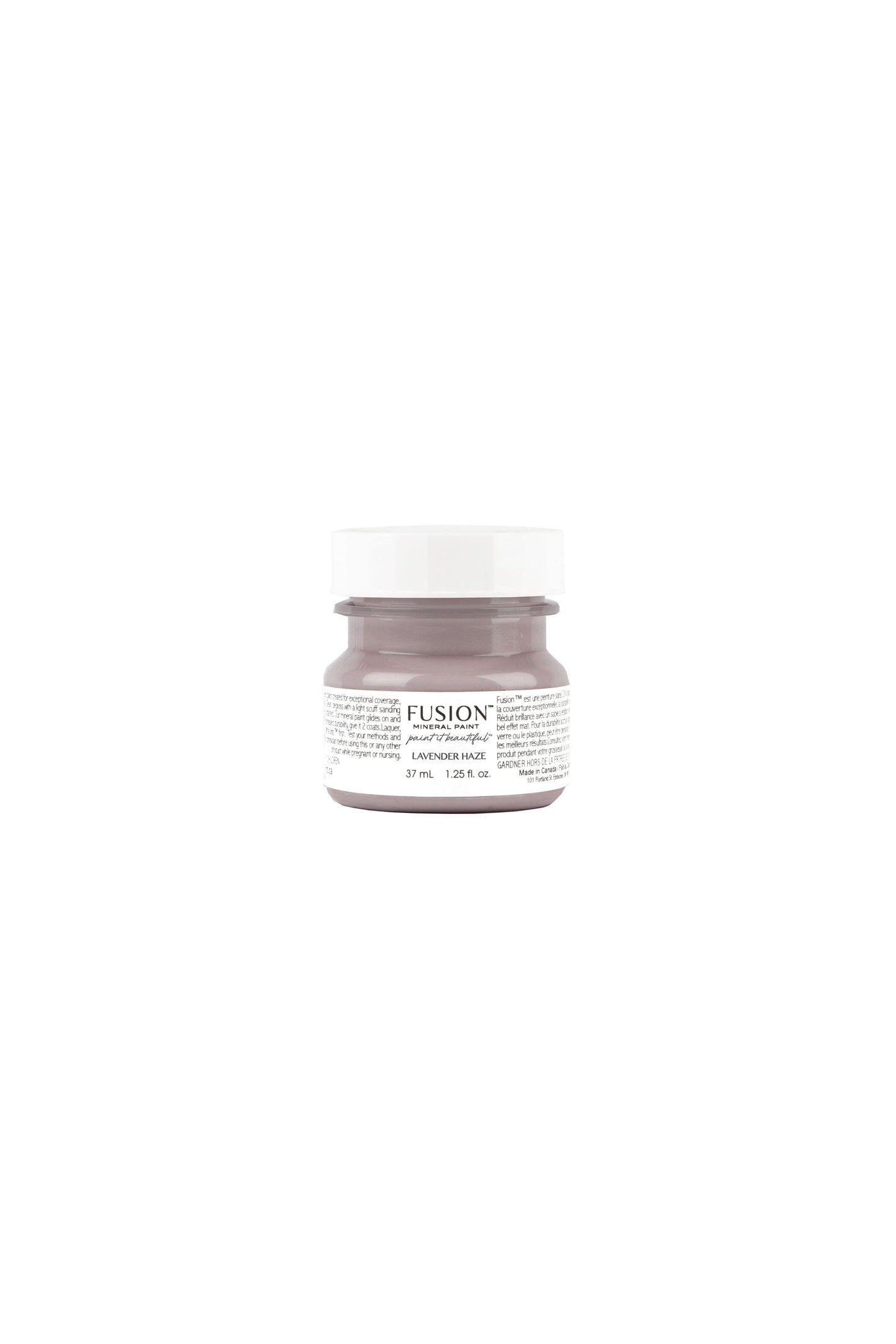 Tester de Fusion Mineral Paint Lavender Haze 37ml, muestra de color lavanda suave con matices malva para proyectos decorativos