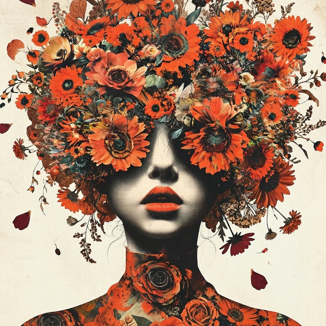 Papel decoupage Orange Blossom Mint by Michelle – diseño collage artístico con figura femenina y flores naranjas