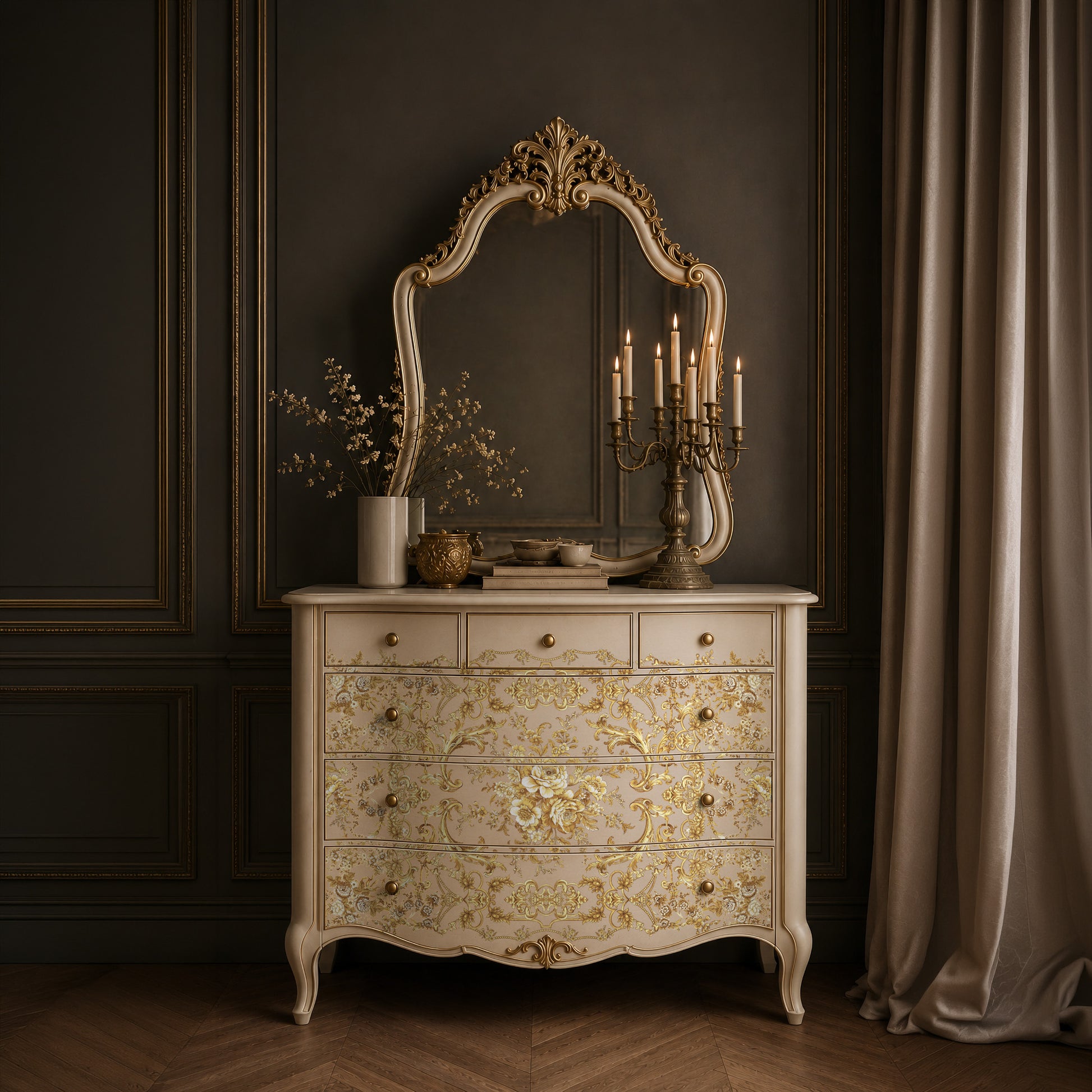 Transferencia decorativa Orleans Kacha en cómoda bombé verde menta estilo Luis XV - arabescos y rosas dorados barrocos en cajones - Re-Design with Prima