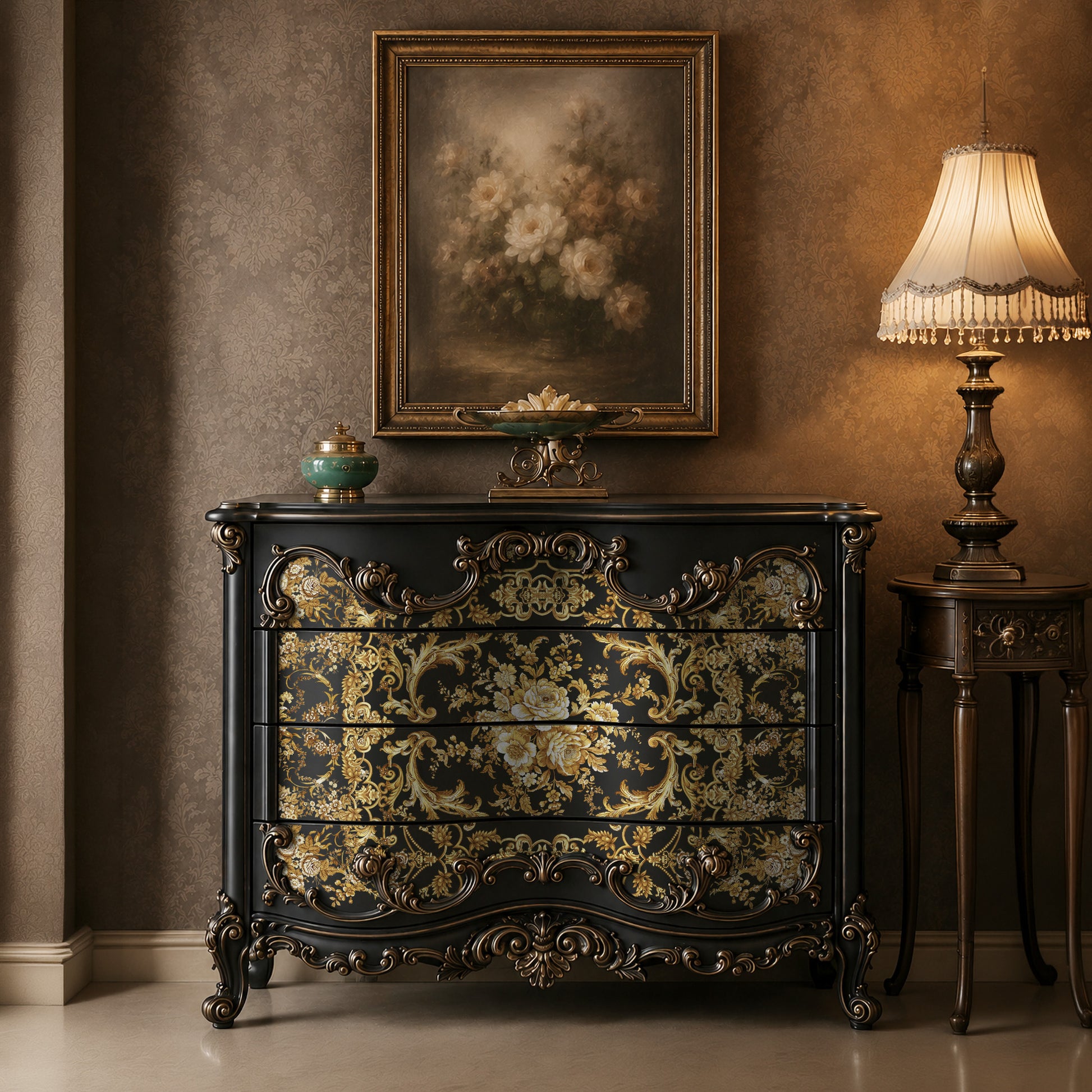 Transferencia decorativa Orleans Kacha en cómoda crema estilo francés restaurada - arabescos y flores dorados con espejo barroco - Re-Design with Prima