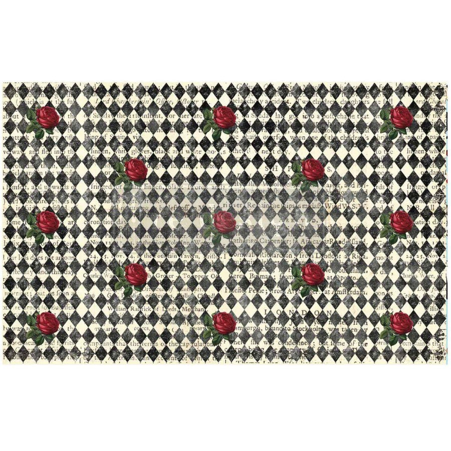 Papel tissue decoupage Queen's Court of Roses – rosas rojas sobre arlequín blanco y negro, Redesign with Prima, 49,5x76,2 cm