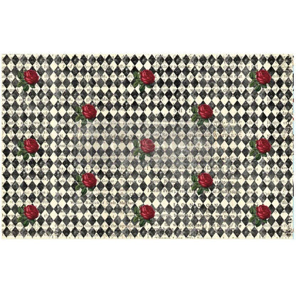 Papel tissue decoupage Queen's Court of Roses – rosas rojas sobre arlequín blanco y negro, Redesign with Prima, 49,5x76,2 cm