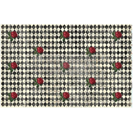 Papel tissue decoupage Queen's Court of Roses – rosas rojas sobre arlequín blanco y negro, Redesign with Prima, 49,5x76,2 cm