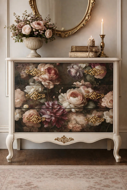 Papel decoupage Shadow Garden de Mint by Michelle en cómoda blanca estilo Luis XV — peonías rosas, blancas y malva sobre fondo oscuro con tiradores barrocos dorados, decoración romántica clásica
