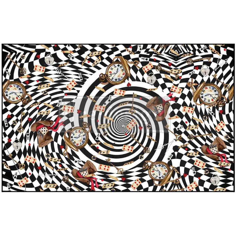 Papel tissue decoupage Tea Party Whirlwind – espiral de cuadros en blanco y negro inspirada en el País de las Maravillas, Redesign with Prima, 49,5x76,2 cm